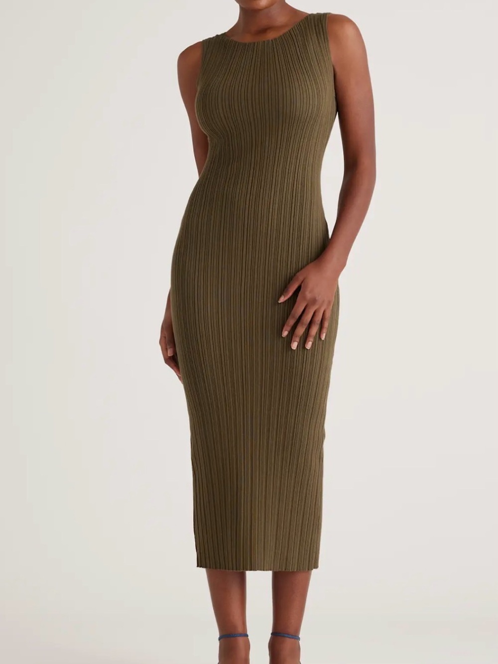 Quince Olive Ribbed cashmere Sleeveless Midi Dress M new